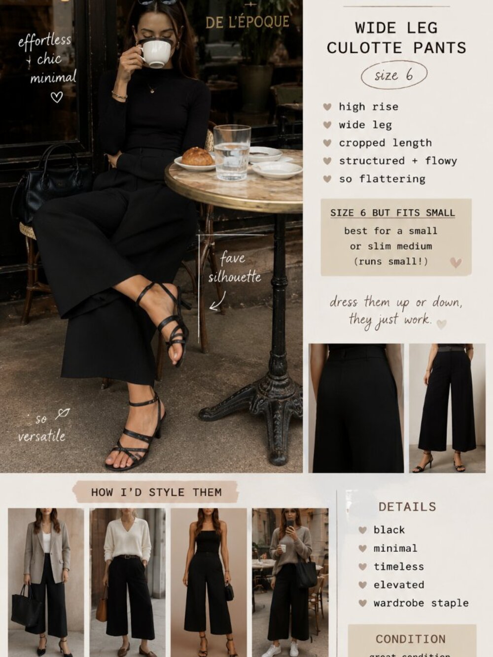 Aritzia Wide Leg Cropped Culotte Pants Black Size 6 Fits Small Minimal Chic - Picture 2 of 7